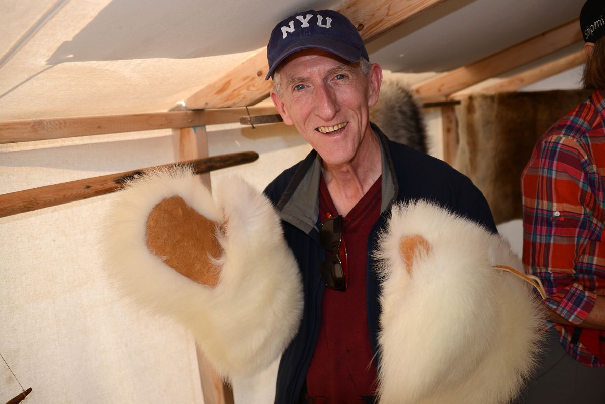 08G Jerome Ryan Wearing Polar Bear Mitts Inside Eileen Jacobson Showroom On Arctic Ocean Tuk Tour In Tuktoyaktuk Northwest Territories